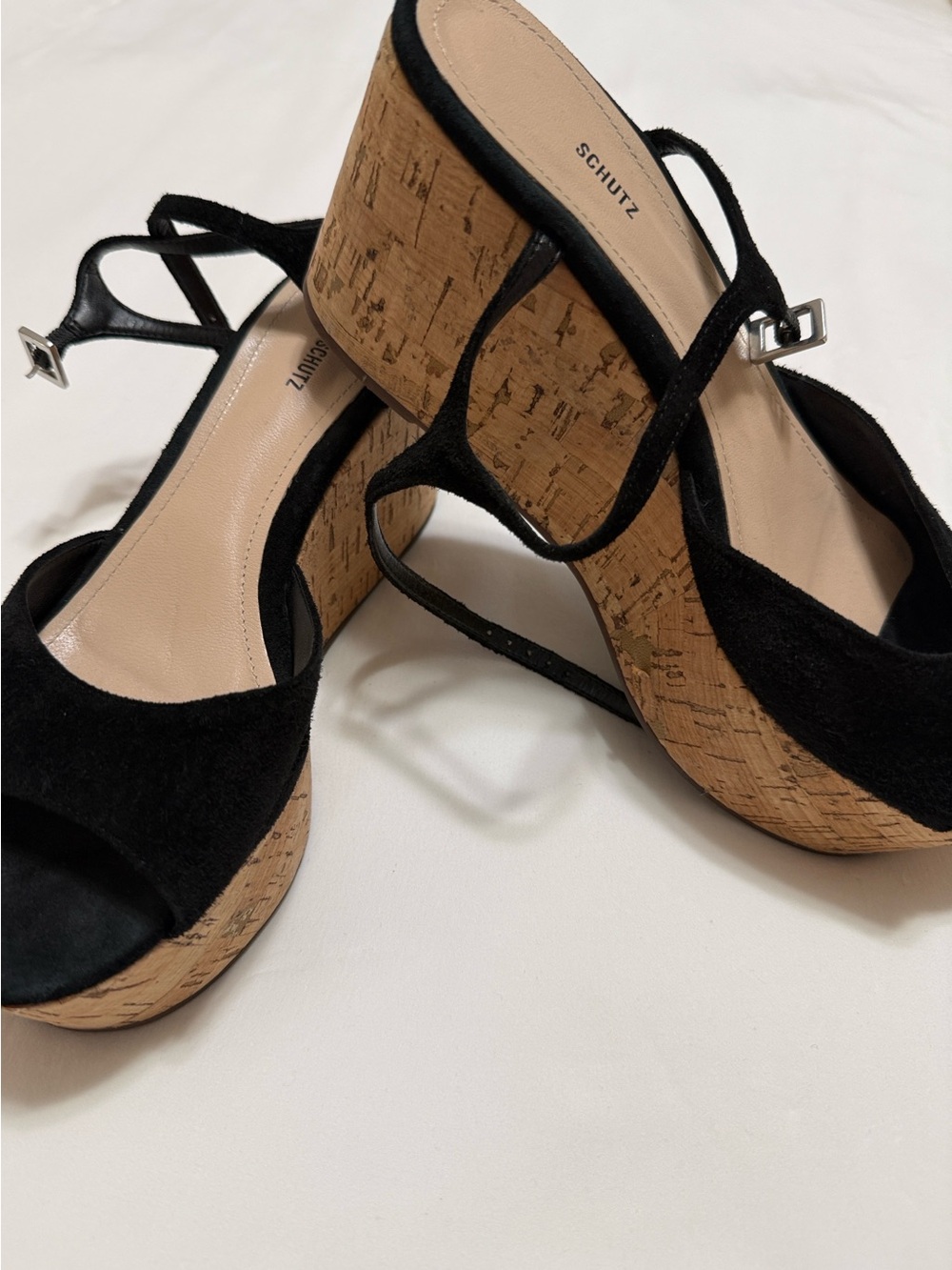 SCHUTZ Black Suede Cork Platform Wedge Sandals